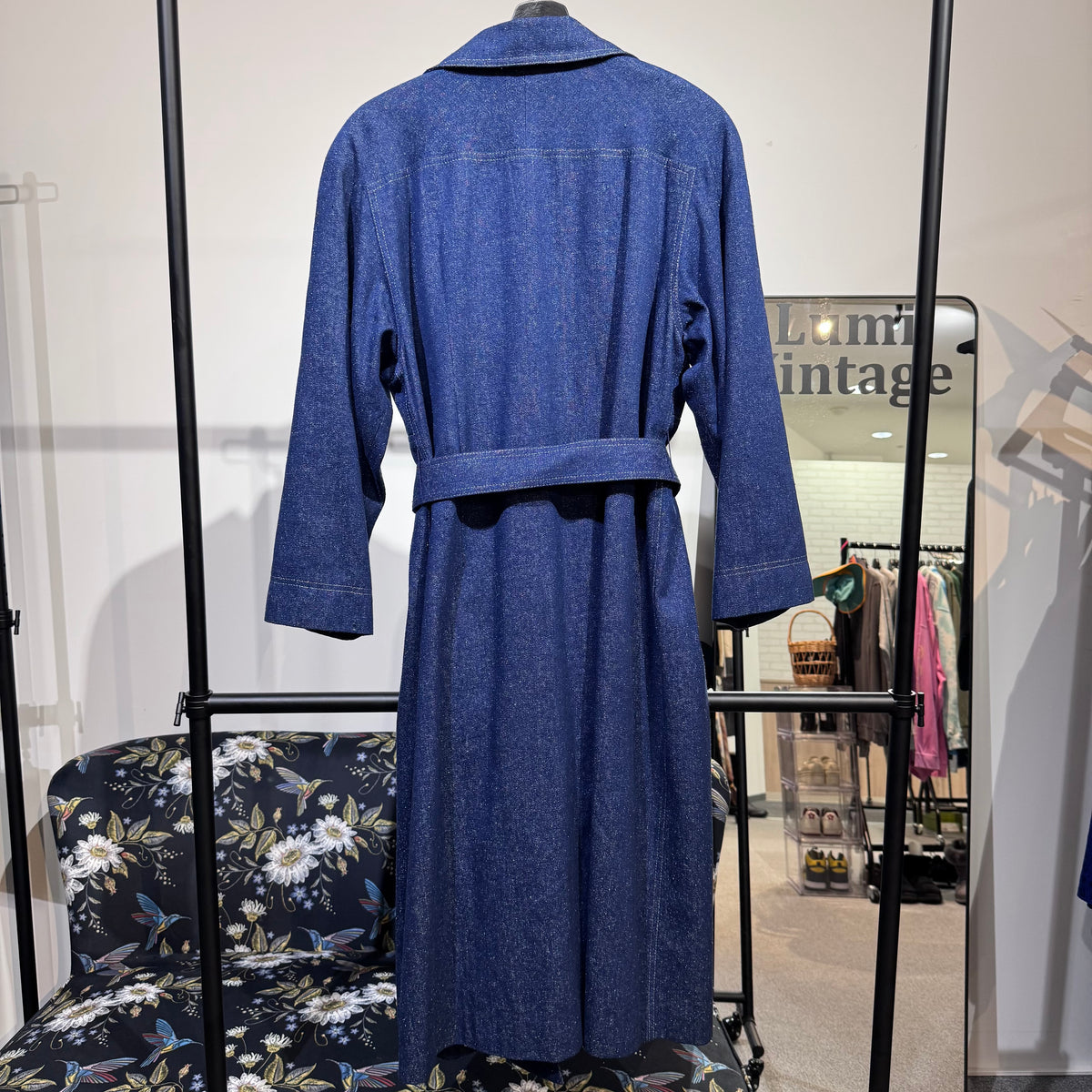 LEONARD レオナール シルク100％ ロングコート ベルト付き デニム生地 ブルー系 ビジュー TT015