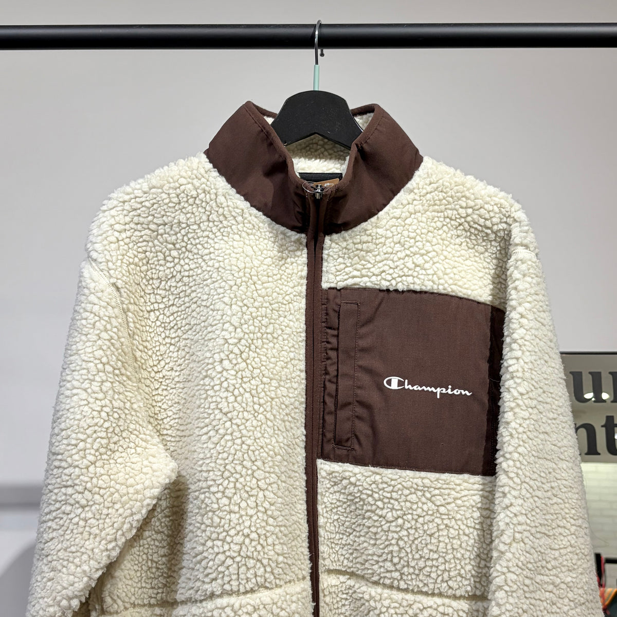 Champion ボアフリースジャケット アイボリー×ブラウン XL 刺繍ロゴ メンズ TT074