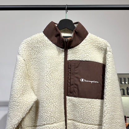 Champion ボアフリースジャケット アイボリー×ブラウン XL 刺繍ロゴ メンズ TT074