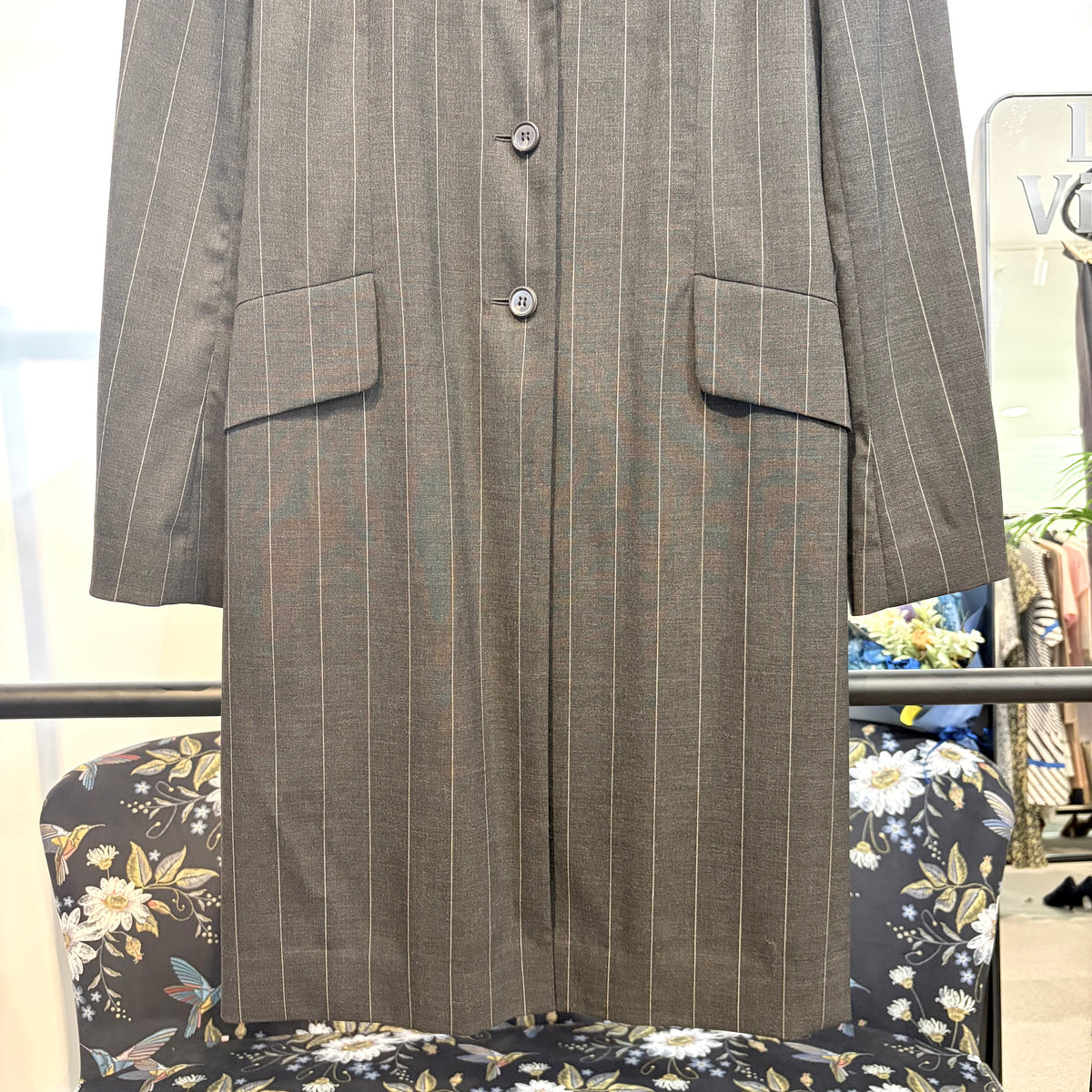 KENZO ケンゾー ストライプ ロングジャケット コート サイズ38 グレー フランス製 レディース TT044