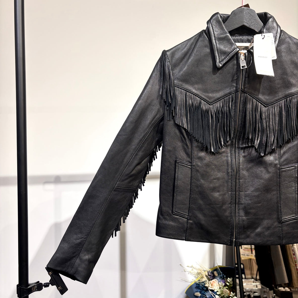 MOUSSY マウジー ゴートレザー フリンジ ジャケット ブラック レディース サイズ2 タグ付き未使用品 TT103