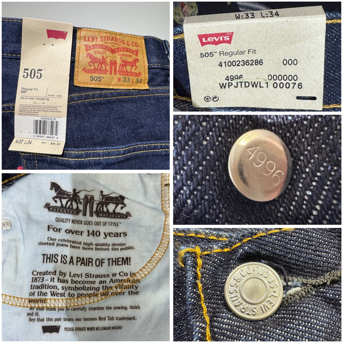 Levi’s 505 Regular Fit ストレートデニムパンツ インディゴ W33 L34 未使用品 TT063