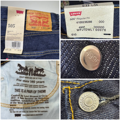 Levi’s 505 Regular Fit ストレートデニムパンツ インディゴ W33 L34 未使用品 TT063