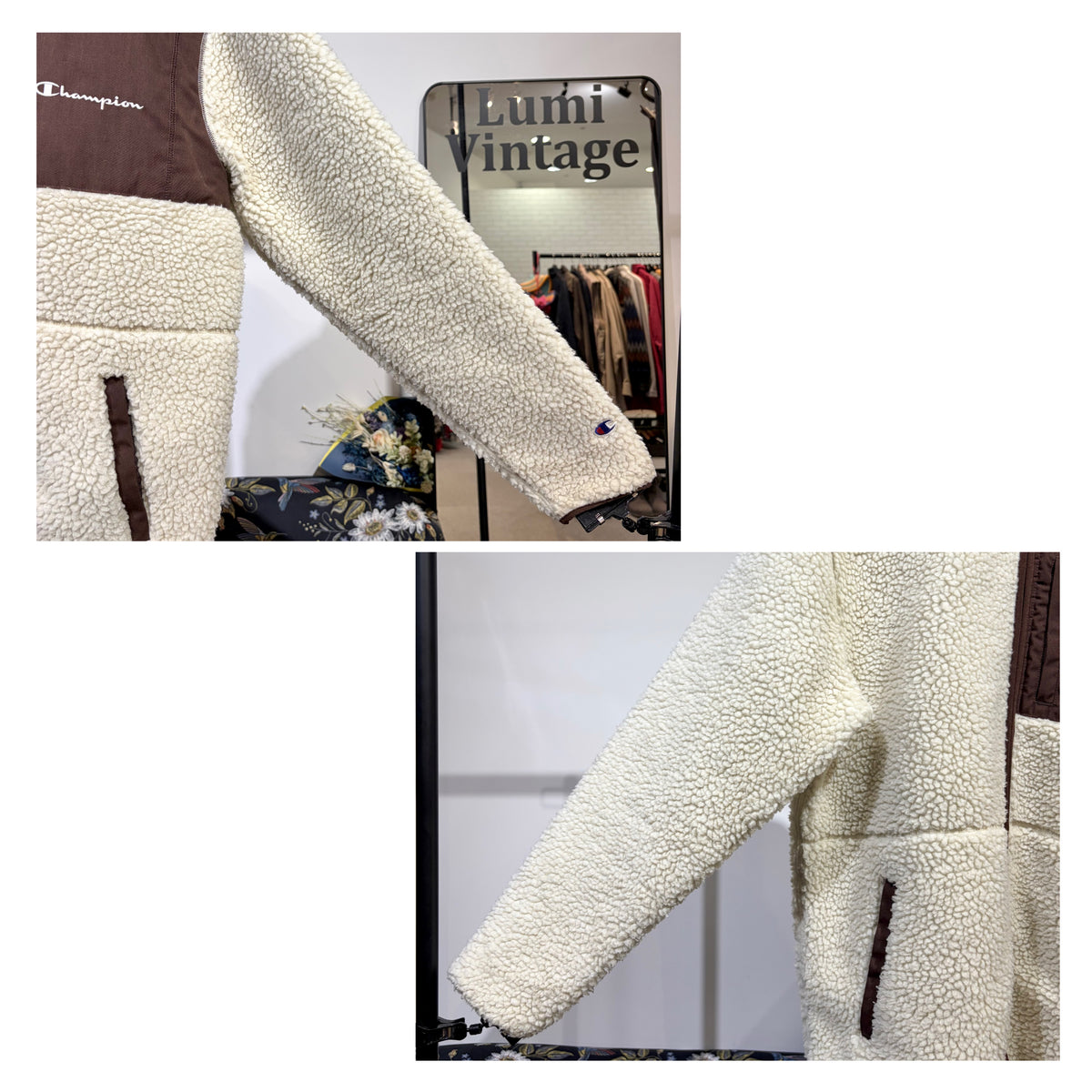 Champion ボアフリースジャケット アイボリー×ブラウン XL 刺繍ロゴ メンズ TT074