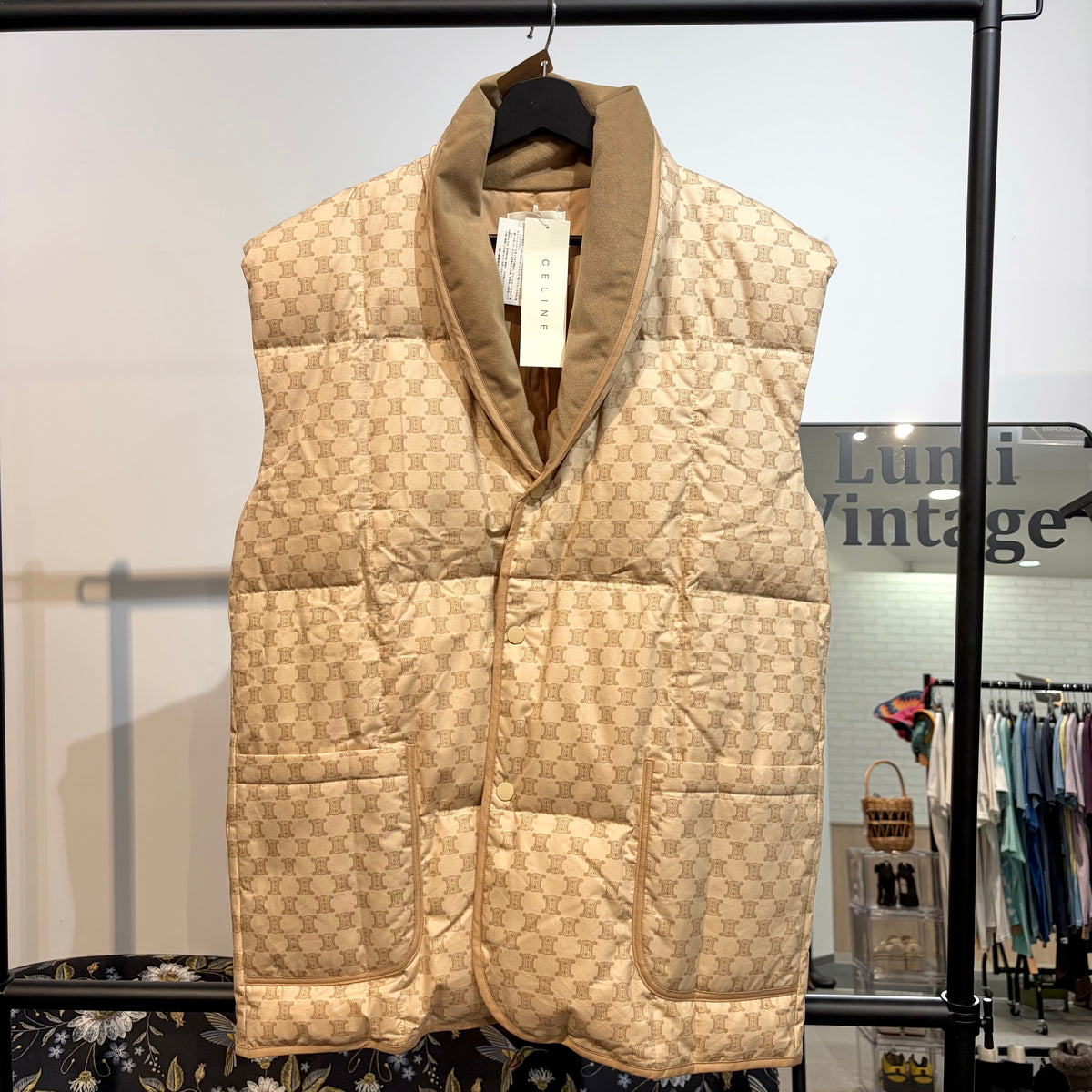 【未使用】CELINE 総柄 ダウンベスト ベージュ M〜L相当 ユニセックス TT005