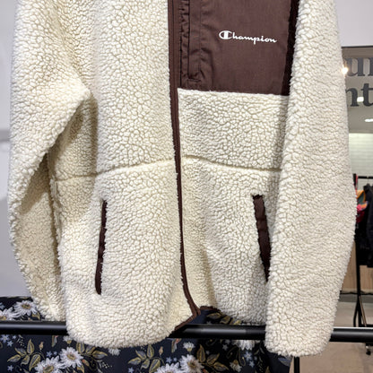 Champion ボアフリースジャケット アイボリー×ブラウン XL 刺繍ロゴ メンズ TT074