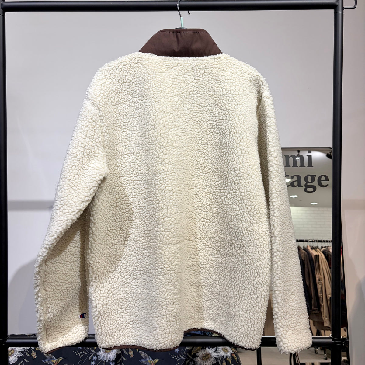 Champion ボアフリースジャケット アイボリー×ブラウン XL 刺繍ロゴ メンズ TT074