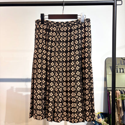 CHANEL カメリア ココマーク 総柄 プリーツスカート ブラック ベージュ 42 レディース TT007