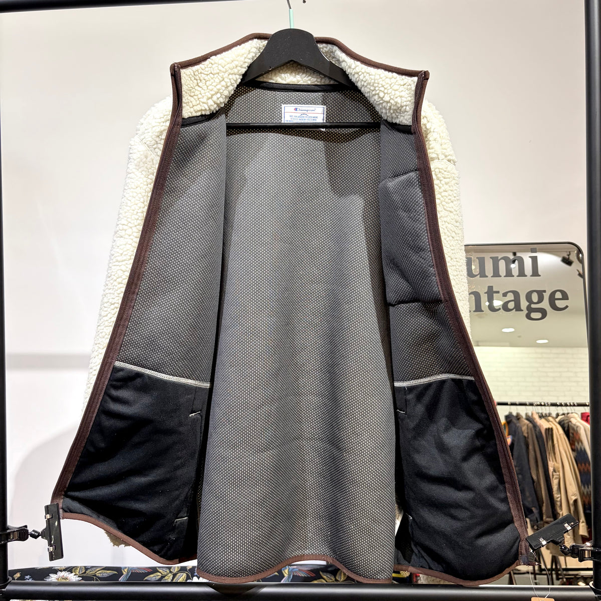 Champion ボアフリースジャケット アイボリー×ブラウン XL 刺繍ロゴ メンズ TT074