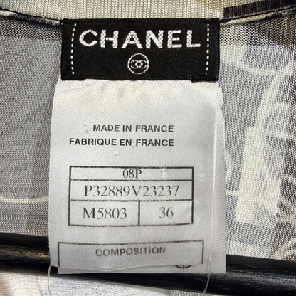 CHANEL 総柄 シルク ワンピース ドレス ブラック ホワイト 36 フランス製 レディース TT010