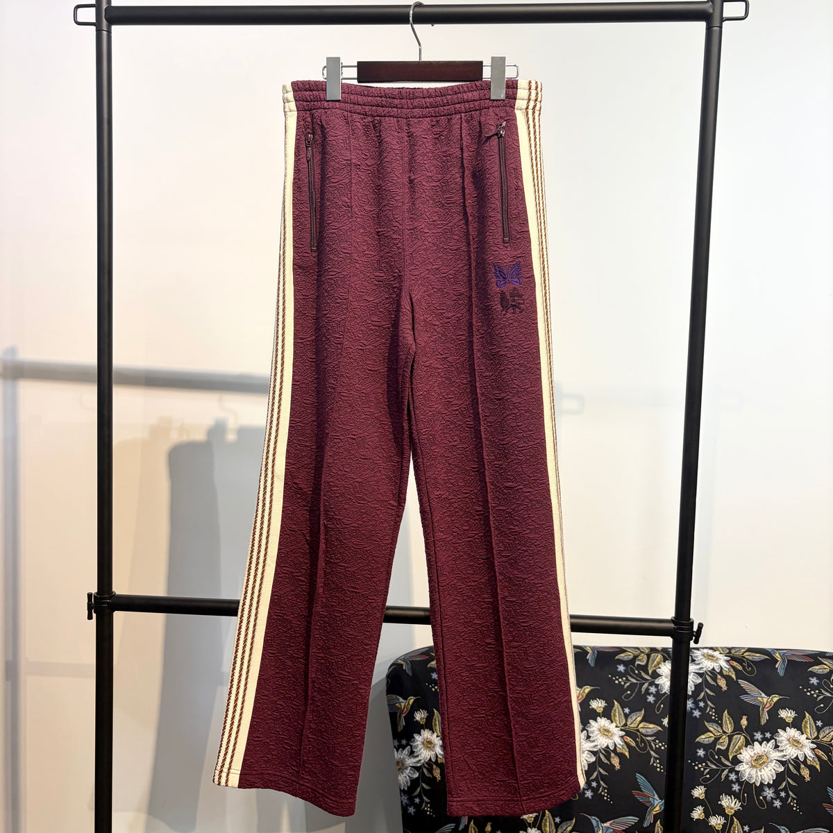 Needles × Sasquatchfabrix. トラックパンツ ボルドー S 蝶刺繍 メンズ 日本製 TT029