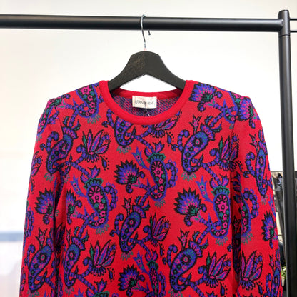 【未使用品】Yves Saint Laurent イヴ・サンローラン 総柄 ニット セーター レッド M ウール100％ 日本製 レディース TT033