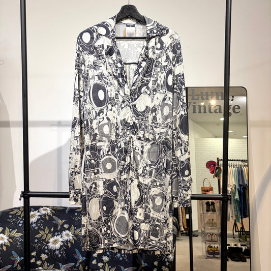 CHANEL 総柄 シルク ワンピース ドレス ブラック ホワイト 36 フランス製 レディース TT010