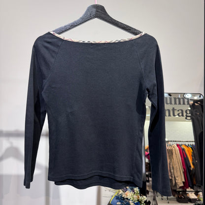 BURBERRY BLUE LABEL バーバリーブルーレーベル 長袖カットソー ブラック ノバチェック ホース刺繍 サイズ38 M レディース TT056