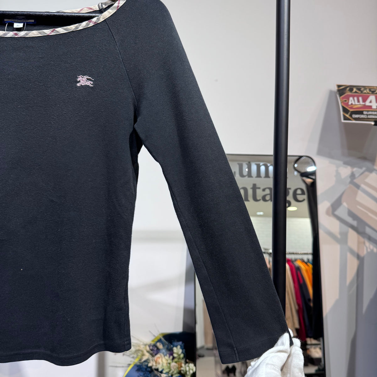 BURBERRY BLUE LABEL バーバリーブルーレーベル 長袖カットソー ブラック ノバチェック ホース刺繍 サイズ38 M レディース TT056