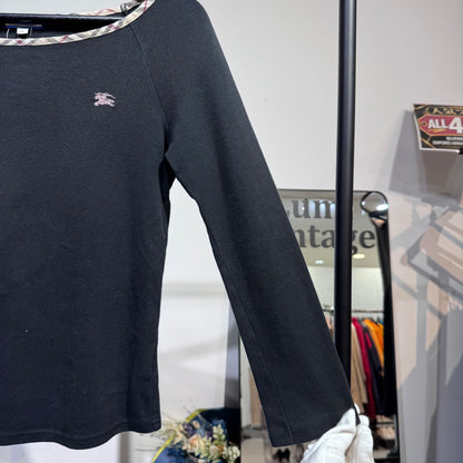 BURBERRY BLUE LABEL バーバリーブルーレーベル 長袖カットソー ブラック ノバチェック ホース刺繍 サイズ38 M レディース TT056