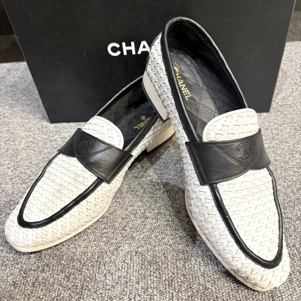 CHANEL ココマーク ローファー メッシュ ホワイト ブラック レディース 36 イタリア製 TT100