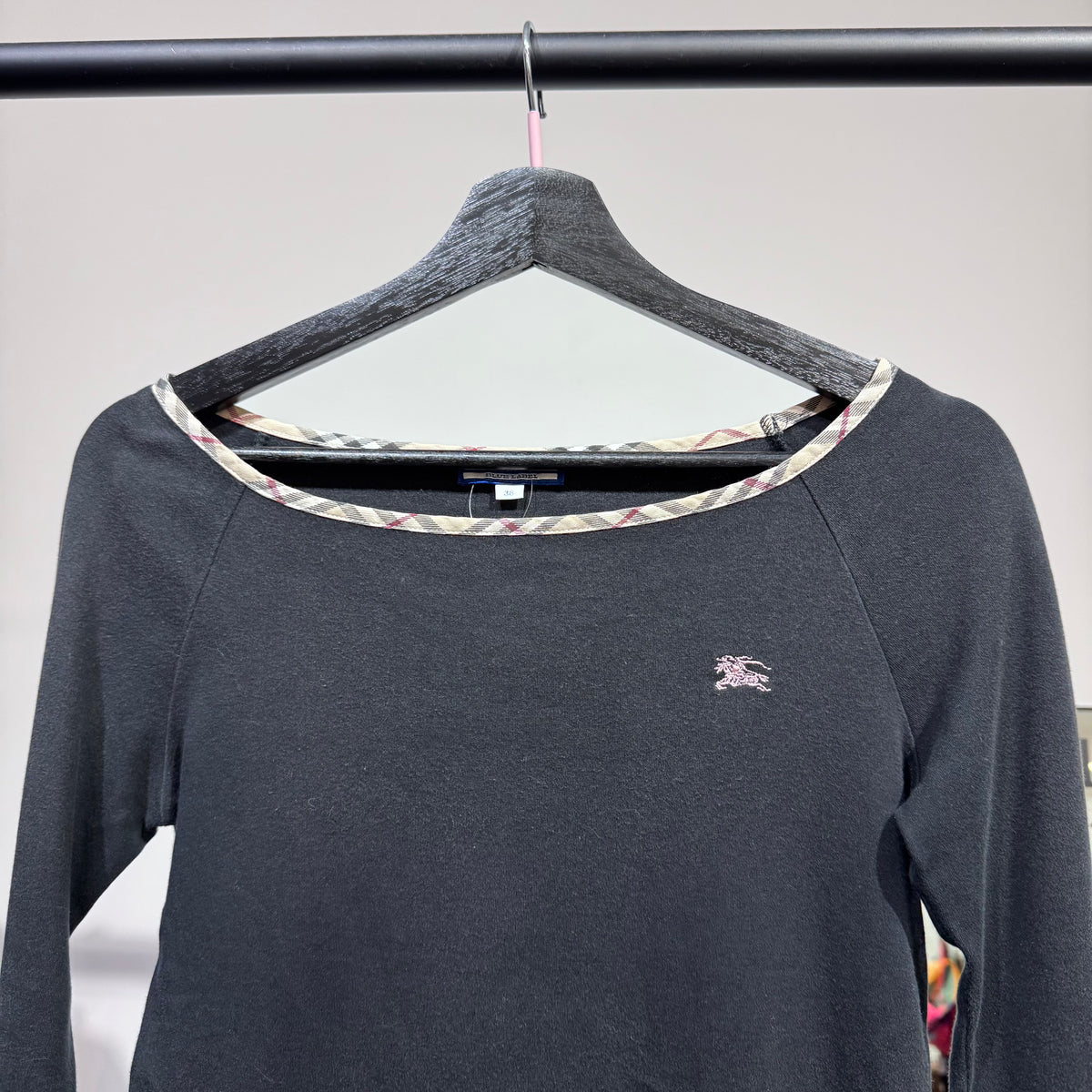 BURBERRY BLUE LABEL バーバリーブルーレーベル 長袖カットソー ブラック ノバチェック ホース刺繍 サイズ38 M レディース TT056