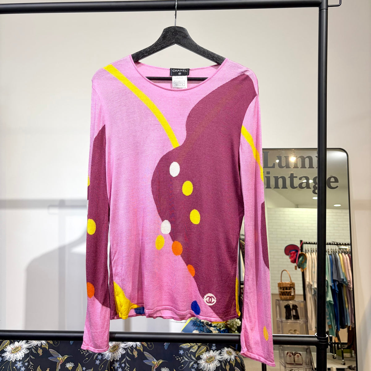 CHANEL ココマーク 総柄 長袖 ニットトップス ピンク マルチカラー 46 フランス製 レディース TT009