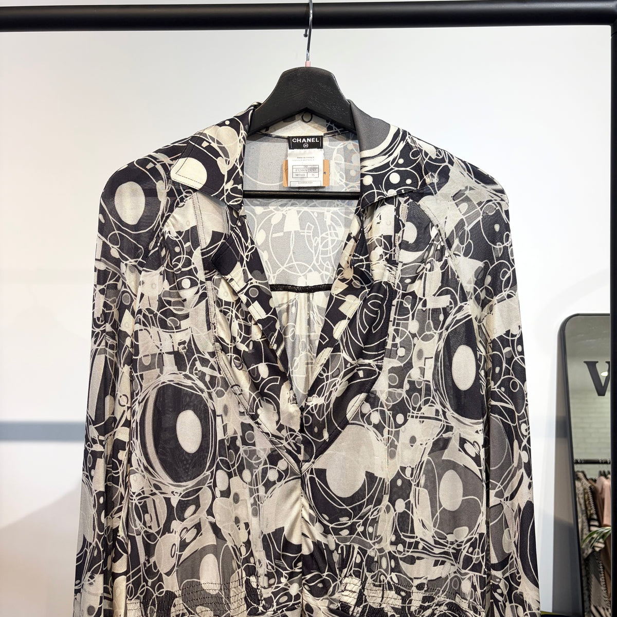 CHANEL 総柄 シルク ワンピース ドレス ブラック ホワイト 36 フランス製 レディース TT010
