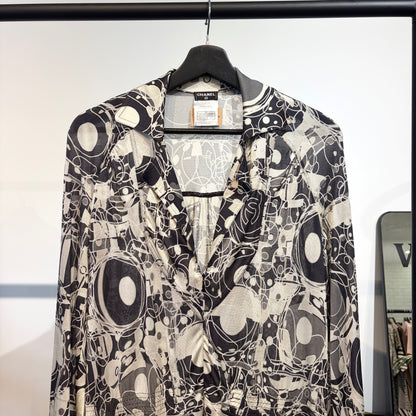 CHANEL 総柄 シルク ワンピース ドレス ブラック ホワイト 36 フランス製 レディース TT010