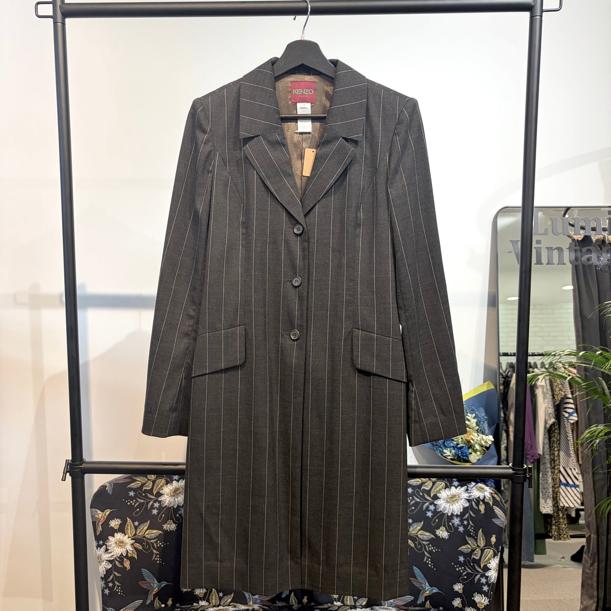 KENZO ケンゾー ストライプ ロングジャケット コート サイズ38 グレー フランス製 レディース TT044