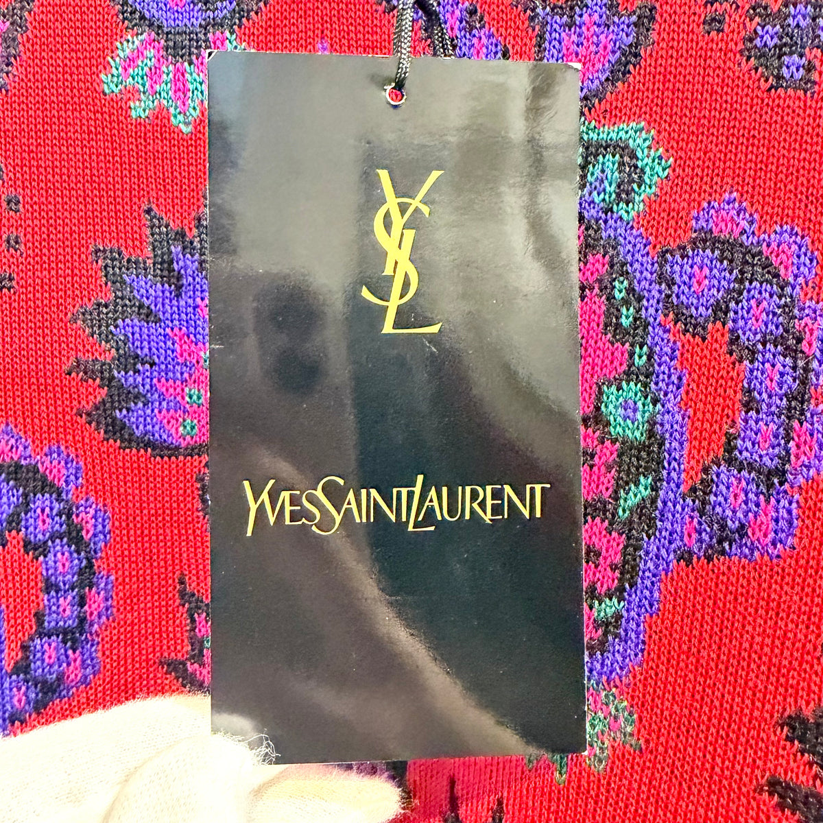 【未使用品】Yves Saint Laurent イヴ・サンローラン 総柄 ニット セーター レッド M ウール100％ 日本製 レディース TT033