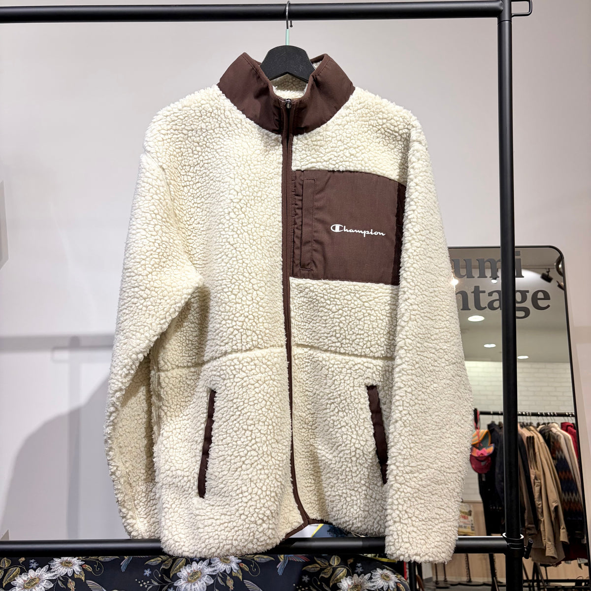 Champion ボアフリースジャケット アイボリー×ブラウン XL 刺繍ロゴ メンズ TT074