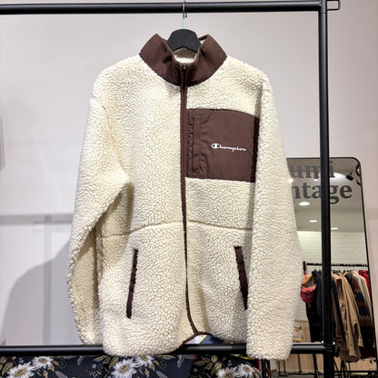 Champion ボアフリースジャケット アイボリー×ブラウン XL 刺繍ロゴ メンズ TT074