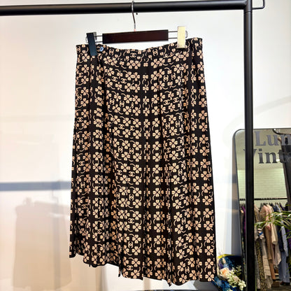 CHANEL カメリア ココマーク 総柄 プリーツスカート ブラック ベージュ 42 レディース TT007
