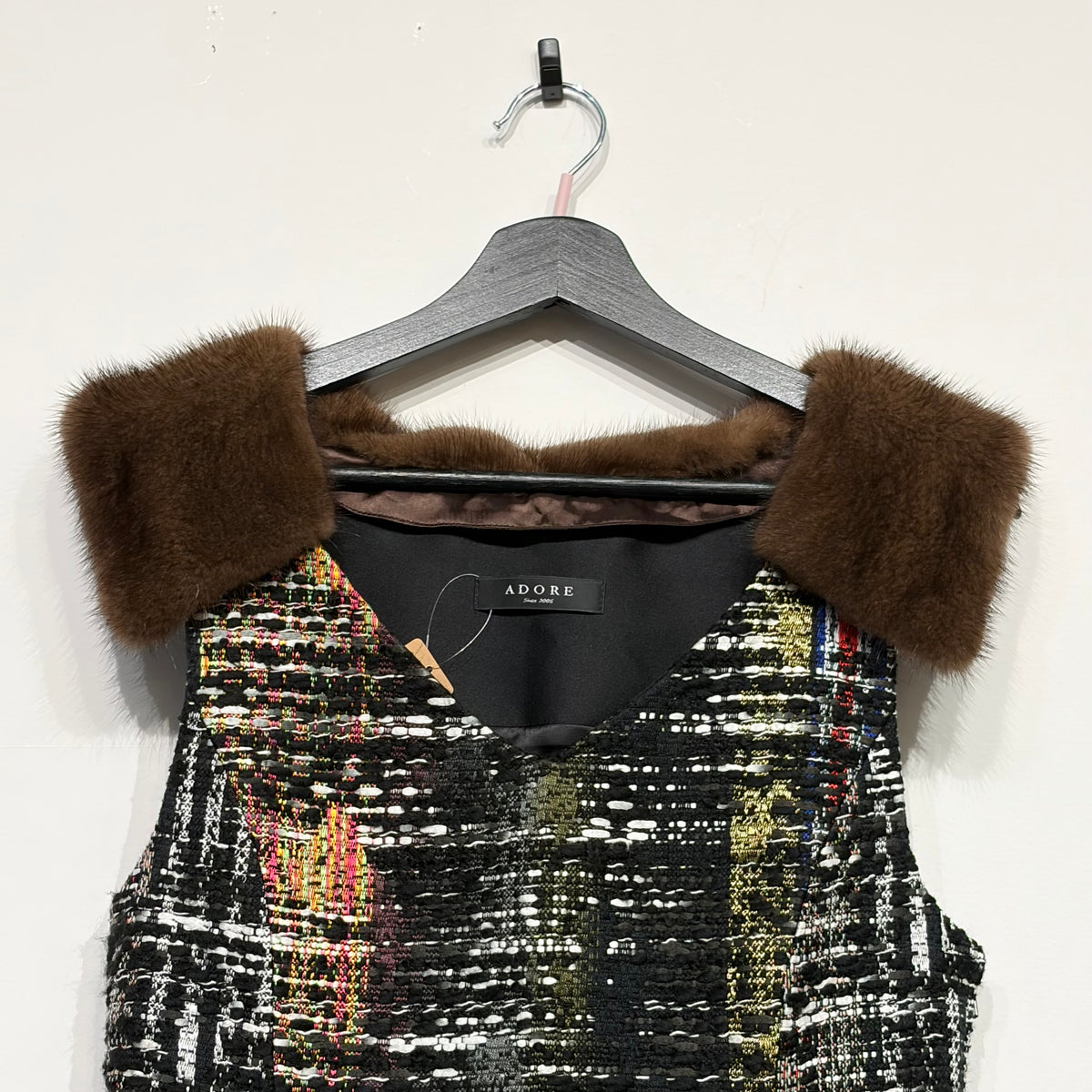 ADORE ファー切替 ツイード ノースリーブトップス ブラック マルチカラー 38 レディース TT109