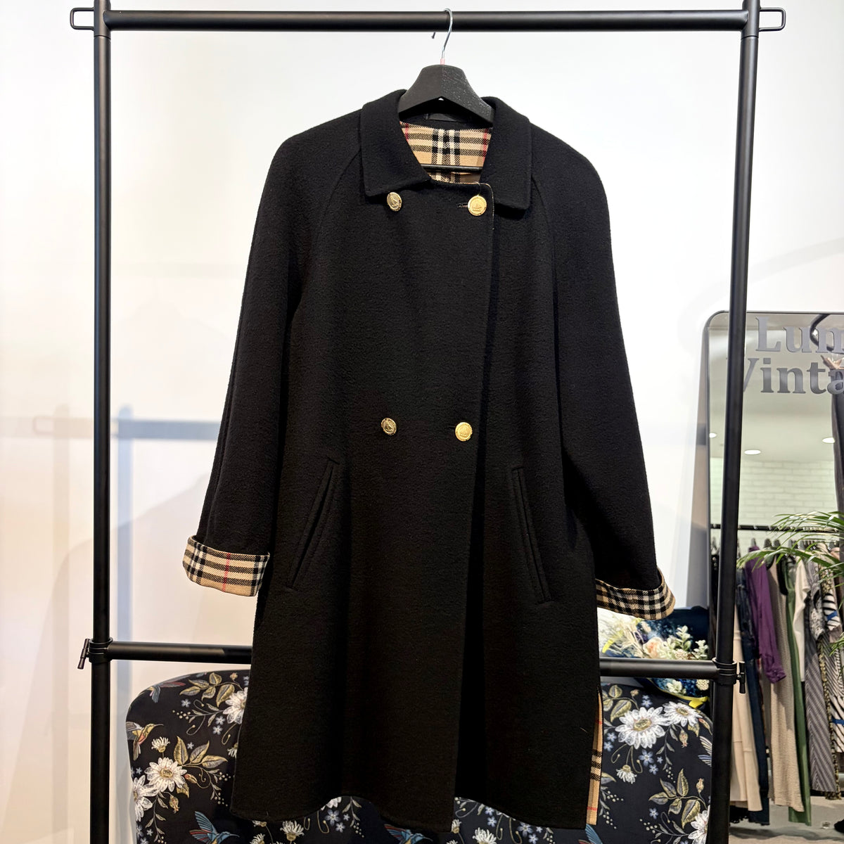 BURBERRY ウール カシミヤ コート ブラック ノバチェック 38 レディース TT006